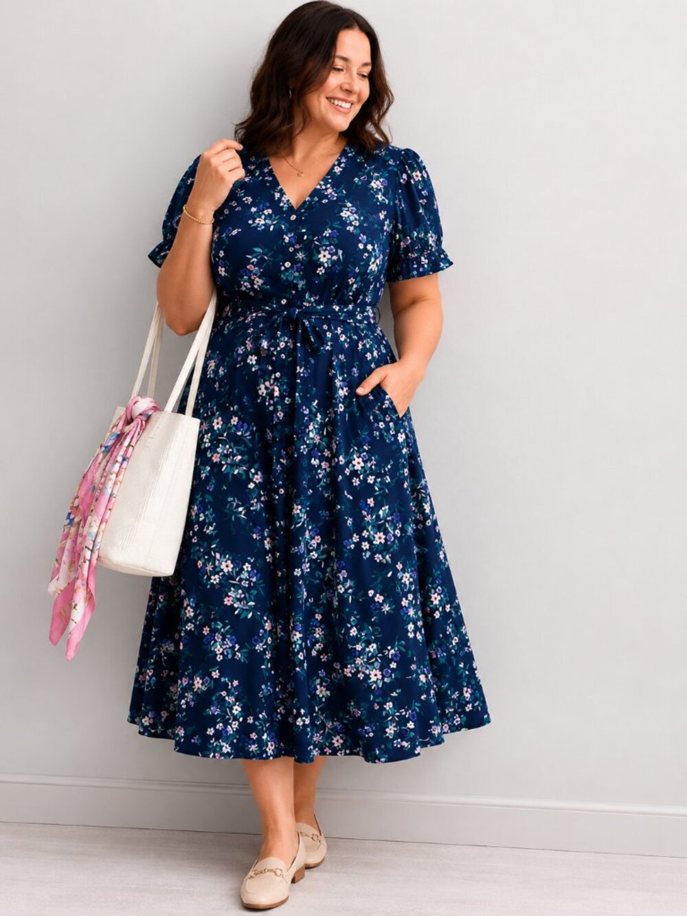 Croft & Barrow PXXL Navy Floral Tie-Waist Button Down Dress Puff Sleeves Pockets